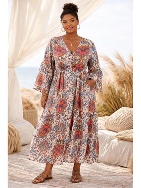 EUC Boemo Anthropologie Bell Sleeve Boho Kimono Maxi Dress Cream Multi Floral